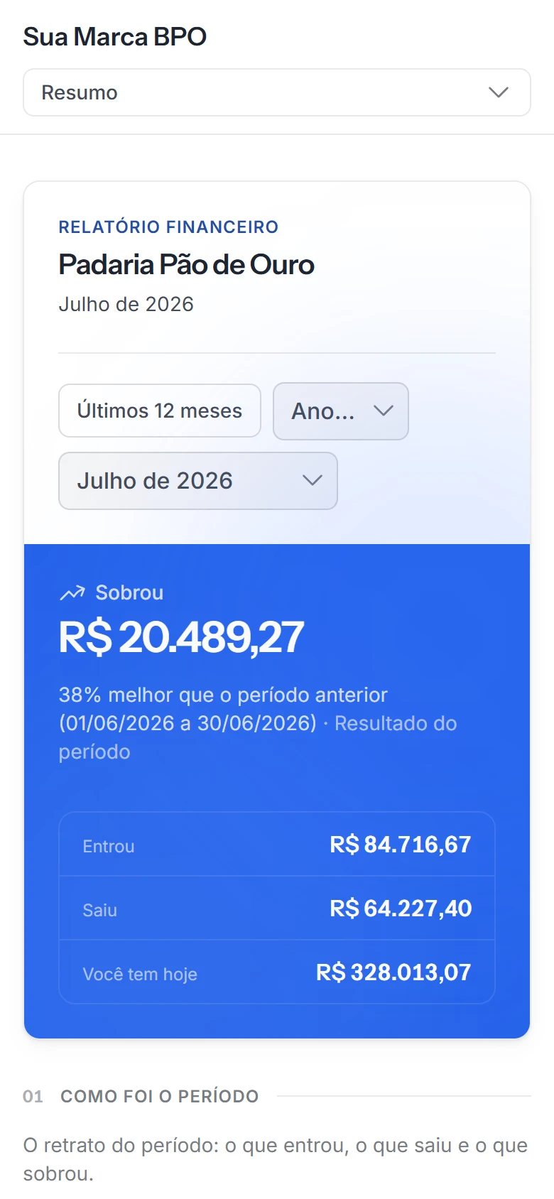 Página do cliente no celular, com a marca do escritório e o resumo do mês em linguagem simples